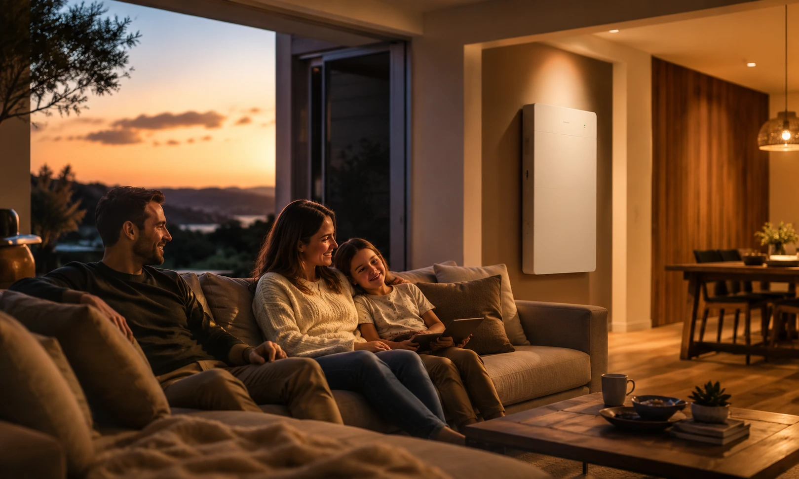 Family using stored solar battery power at night